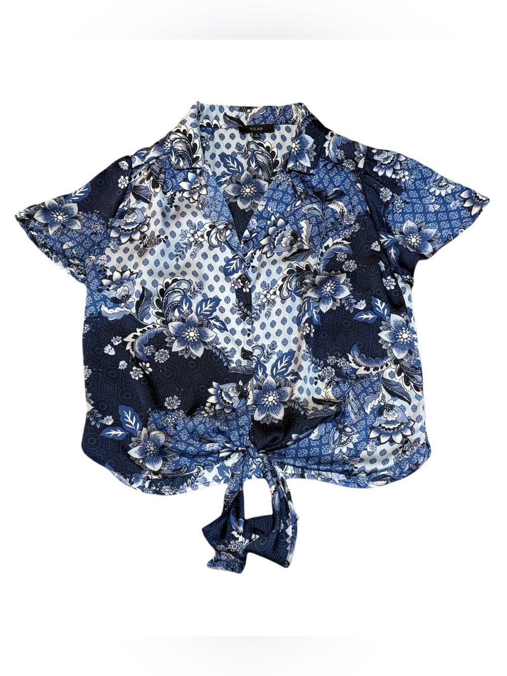 Floral Tie-Front Short Sleeve Blouse in Blue